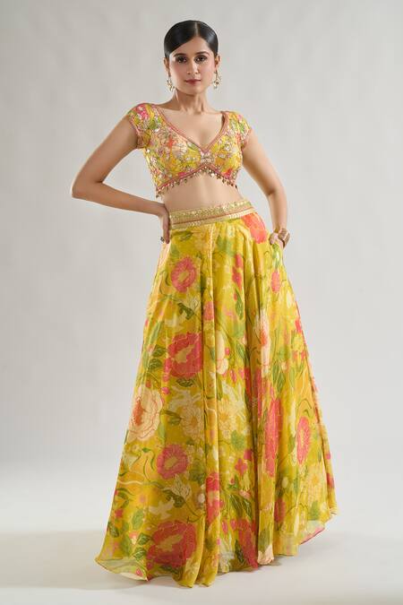 Buy_Gopi Vaid_Yellow Tussar, Organza Sequins, Riddhi Floral Bloom Print Lehenga With Blouse 