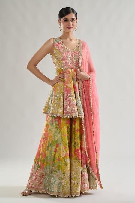 Gopi Vaid Multi Color Kurta And Sharara Chiffon Print Floral V Neck Jaanvi Set 