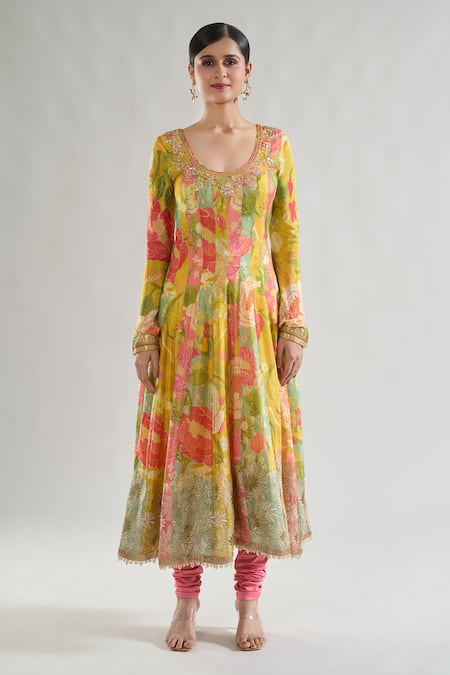 Gopi Vaid Multi Color Chiffon, Lycra Embroidery, Deepti Floral Print Anarkali Churidar Set Online at Aza Fashions Gopi Vaid_Multi Color Chiffon, Lycra Embroidery, Deepti Floral Print Anarkali Churidar Set _Online_at_Aza_Fashions