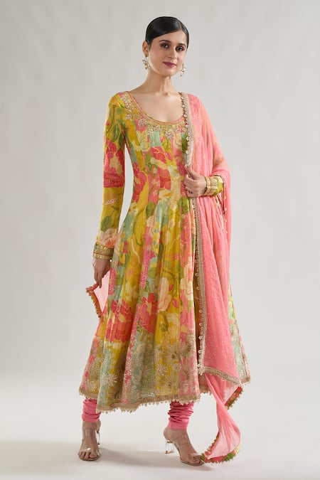 Shop Gopi Vaid Multi Color Chiffon, Lycra Embroidery, Deepti Floral Print Anarkali Churidar Set Online at Aza Fashions Shop_Gopi Vaid_Multi Color Chiffon, Lycra Embroidery, Deepti Floral Print Anarkali Churidar Set _Online_at_Aza_Fashions
