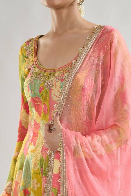 Gopi Vaid Multi Color Chiffon, Lycra Embroidery, Deepti Floral Print Anarkali Churidar Set at Aza Fashions Gopi Vaid_Multi Color Chiffon, Lycra Embroidery, Deepti Floral Print Anarkali Churidar Set _at_Aza_Fashions