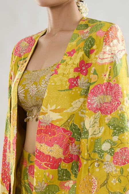 Buy Gopi Vaid Yellow Tussar, Chiffon Sequins, Embroidery, Mahek Floral Print Blazer And Pant Set Online at Aza Fashions Buy_Gopi Vaid_Yellow Tussar, Chiffon Sequins, Embroidery, Mahek Floral Print Blazer And Pant Set _Online_at_Aza_Fashions