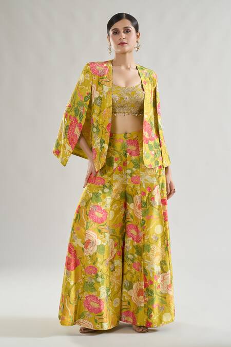 Gopi Vaid Yellow Tussar, Chiffon Sequins, Embroidery, Mahek Floral Print Blazer And Pant Set at Aza Fashions Gopi Vaid_Yellow Tussar, Chiffon Sequins, Embroidery, Mahek Floral Print Blazer And Pant Set _at_Aza_Fashions