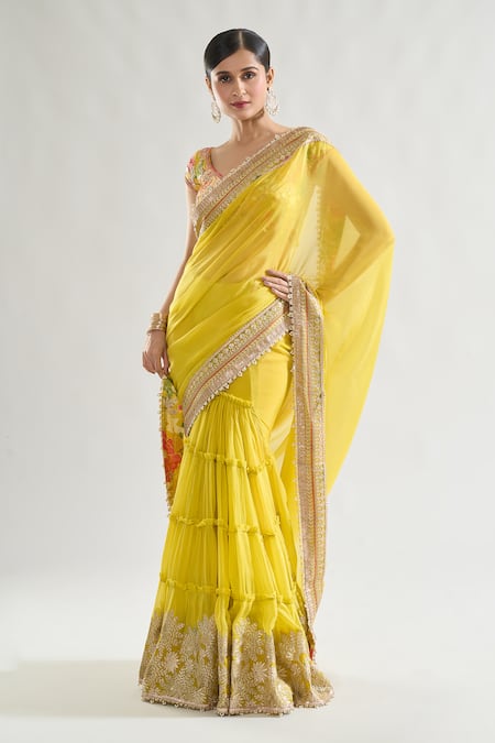 Gopi Vaid Yellow Chiffon, Tussar Sequins, Gota Patti, Kanika Border Saree With Blouse Online at Aza Fashions Gopi Vaid_Yellow Chiffon, Tussar Sequins, Gota Patti, Kanika Border Saree With Blouse _Online_at_Aza_Fashions