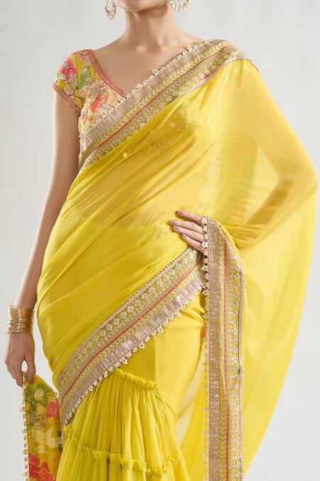 Buy Gopi Vaid Yellow Chiffon, Tussar Sequins, Gota Patti, Kanika Border Saree With Blouse Online at Aza Fashions Buy_Gopi Vaid_Yellow Chiffon, Tussar Sequins, Gota Patti, Kanika Border Saree With Blouse _Online_at_Aza_Fashions