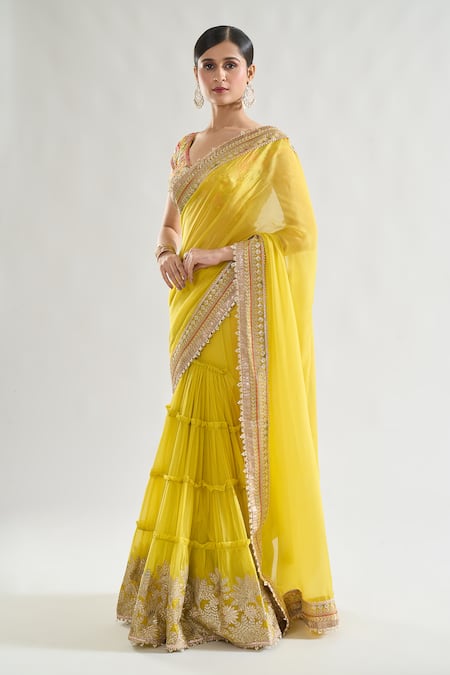 Shop Gopi Vaid Yellow Chiffon, Tussar Sequins, Gota Patti, Kanika Border Saree With Blouse Online at Aza Fashions Shop_Gopi Vaid_Yellow Chiffon, Tussar Sequins, Gota Patti, Kanika Border Saree With Blouse _Online_at_Aza_Fashions