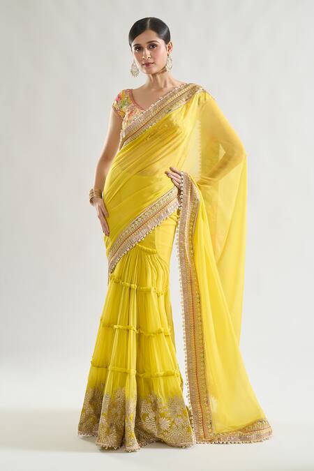 Gopi Vaid Yellow Chiffon, Tussar Sequins, Gota Patti, Kanika Border Saree With Blouse at Aza Fashions Gopi Vaid_Yellow Chiffon, Tussar Sequins, Gota Patti, Kanika Border Saree With Blouse _at_Aza_Fashions