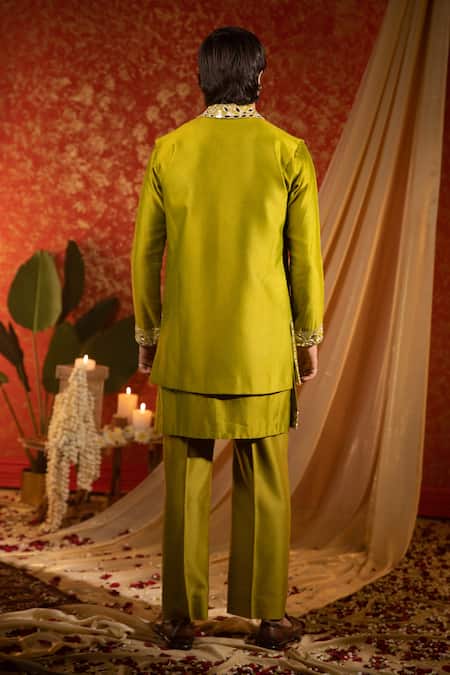 Shop Kaaj Button Green Chanderi Silk Embroidery Mirror Bundi Kurta Set at Aza Fashions Shop_Kaaj Button_Green Chanderi Silk Embroidery Mirror Bundi Kurta Set _at_Aza_Fashions