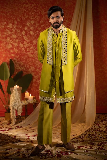 Kaaj Button Green Chanderi Silk Embroidery Mirror Bundi Kurta Set Online at Aza Fashions Kaaj Button_Green Chanderi Silk Embroidery Mirror Bundi Kurta Set _Online_at_Aza_Fashions