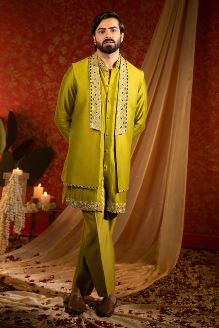 Buy Kaaj Button Green Chanderi Silk Embroidery Mirror Bundi Kurta Set Online at Aza Fashions Buy_Kaaj Button_Green Chanderi Silk Embroidery Mirror Bundi Kurta Set _Online_at_Aza_Fashions