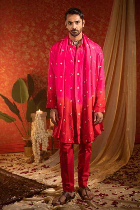 Buy Kaaj Button Pink Silk Embroidery Mirror Ombre Kurta Set With Stole Online at Aza Fashions Buy_Kaaj Button_Pink Silk Embroidery Mirror Ombre Kurta Set With Stole _Online_at_Aza_Fashions