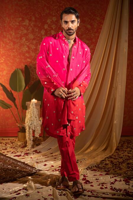 Shop Kaaj Button Pink Silk Embroidery Mirror Ombre Kurta Set With Stole Online at Aza Fashions Shop_Kaaj Button_Pink Silk Embroidery Mirror Ombre Kurta Set With Stole _Online_at_Aza_Fashions