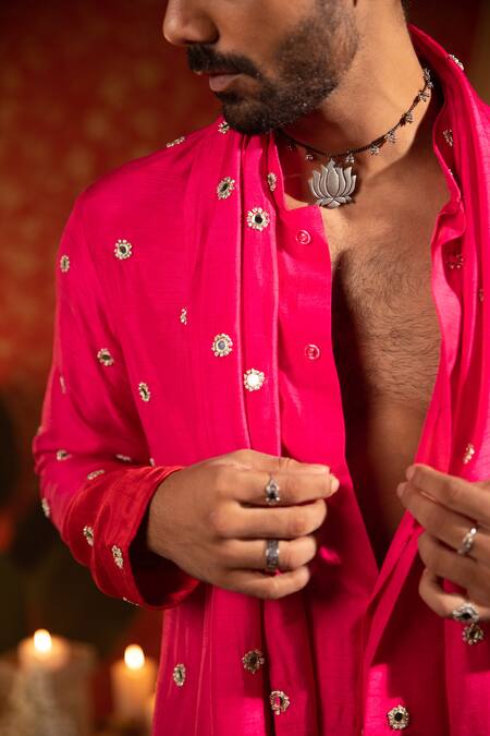 Kaaj Button Pink Silk Embroidery Mirror Ombre Kurta Set With Stole at Aza Fashions Kaaj Button_Pink Silk Embroidery Mirror Ombre Kurta Set With Stole _at_Aza_Fashions