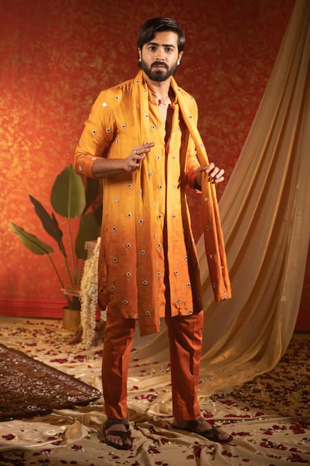 Kaaj Button Yellow Silk Embroidery Mirror Work Kurta Set With Stole 