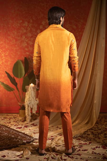 Shop_Kaaj Button_Yellow Silk Embroidery Mirror Work Kurta Set With Stole _at_Aza_Fashions