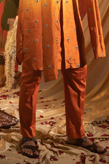 Kaaj Button_Yellow Silk Embroidery Mirror Work Kurta Set With Stole _Online_at_Aza_Fashions