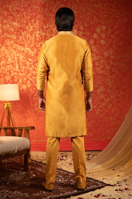 Shop Kaaj Button Yellow Chanderi Silk Embroidery Mirror Zigzag Work Kurta Set at Aza Fashions Shop_Kaaj Button_Yellow Chanderi Silk Embroidery Mirror Zigzag Work Kurta Set _at_Aza_Fashions