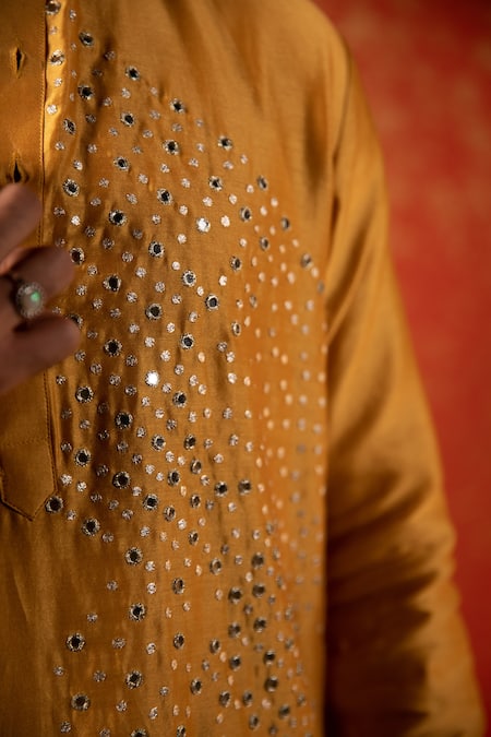 Kaaj Button Yellow Chanderi Silk Embroidery Mirror Zigzag Work Kurta Set Online at Aza Fashions Kaaj Button_Yellow Chanderi Silk Embroidery Mirror Zigzag Work Kurta Set _Online_at_Aza_Fashions