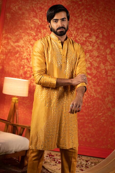 Buy Kaaj Button Yellow Chanderi Silk Embroidery Mirror Zigzag Work Kurta Set Online at Aza Fashions Buy_Kaaj Button_Yellow Chanderi Silk Embroidery Mirror Zigzag Work Kurta Set _Online_at_Aza_Fashions