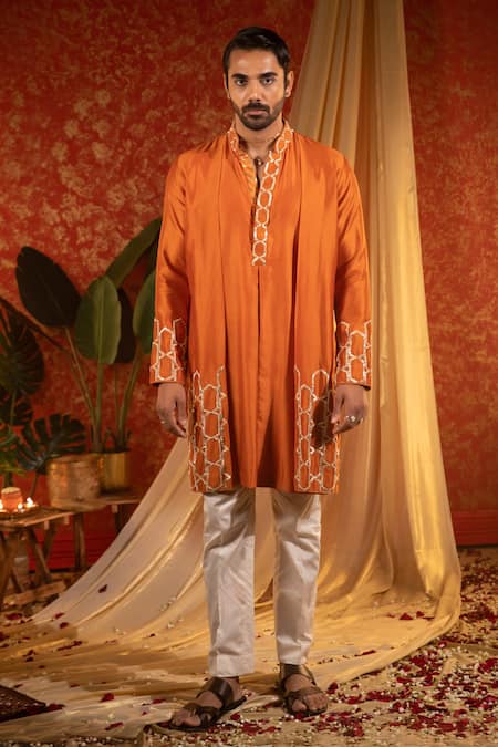 Kaaj Button Orange Chanderi Silk Embroidery Gota Honeycomb Layered Kurta Set 