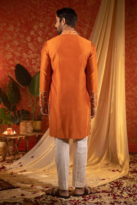 Shop Kaaj Button Orange Chanderi Silk Embroidery Gota Honeycomb Layered Kurta Set at Aza Fashions Shop_Kaaj Button_Orange Chanderi Silk Embroidery Gota Honeycomb Layered Kurta Set _at_Aza_Fashions