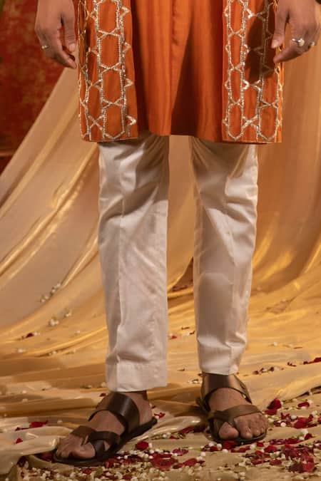 Kaaj Button Orange Chanderi Silk Embroidery Gota Honeycomb Layered Kurta Set Online at Aza Fashions Kaaj Button_Orange Chanderi Silk Embroidery Gota Honeycomb Layered Kurta Set _Online_at_Aza_Fashions