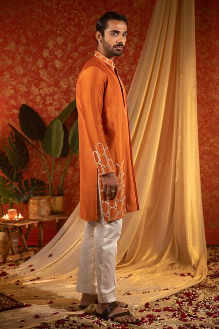 Buy Kaaj Button Orange Chanderi Silk Embroidery Gota Honeycomb Layered Kurta Set Online at Aza Fashions Buy_Kaaj Button_Orange Chanderi Silk Embroidery Gota Honeycomb Layered Kurta Set _Online_at_Aza_Fashions
