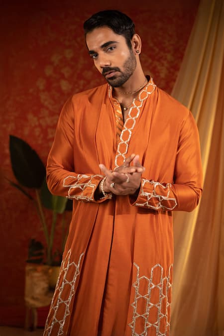 Shop Kaaj Button Orange Chanderi Silk Embroidery Gota Honeycomb Layered Kurta Set Online at Aza Fashions Shop_Kaaj Button_Orange Chanderi Silk Embroidery Gota Honeycomb Layered Kurta Set _Online_at_Aza_Fashions