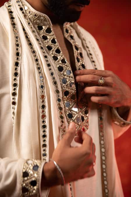 Kaaj Button_Beige Slub Silk Embroidery Mirror Kurta Set With Stole _Online_at_Aza_Fashions