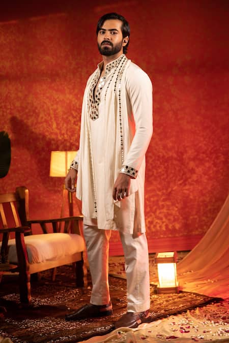 Shop_Kaaj Button_Beige Slub Silk Embroidery Mirror Kurta Set With Stole _Online_at_Aza_Fashions