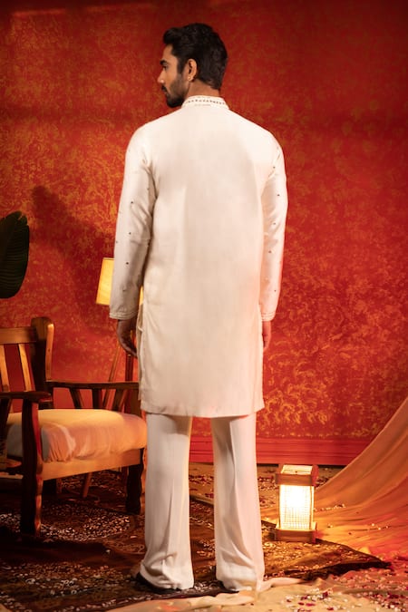 Shop Kaaj Button Beige Chanderi Silk Embroidery Mirror Gota Panelled Kurta Set at Aza Fashions Shop_Kaaj Button_Beige Chanderi Silk Embroidery Mirror Gota Panelled Kurta Set _at_Aza_Fashions