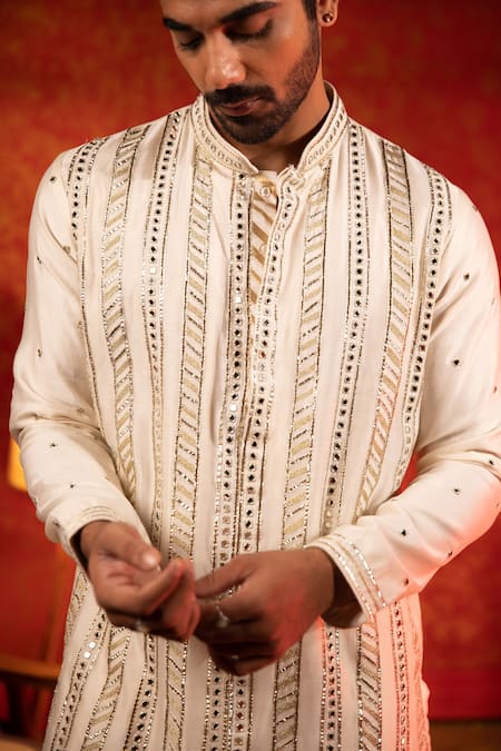 Buy Kaaj Button Beige Chanderi Silk Embroidery Mirror Gota Panelled Kurta Set Online at Aza Fashions Buy_Kaaj Button_Beige Chanderi Silk Embroidery Mirror Gota Panelled Kurta Set _Online_at_Aza_Fashions