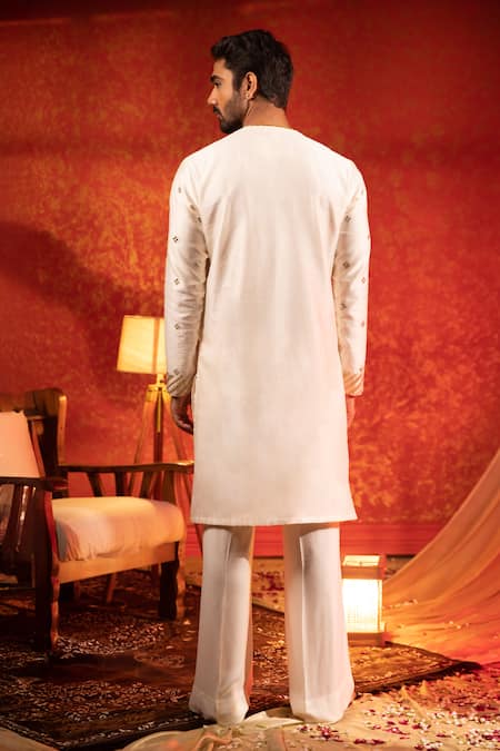 Shop Kaaj Button Ivory Silk Woven Stripe Kurta Set at Aza Fashions Shop_Kaaj Button_Ivory Silk Woven Stripe Kurta Set _at_Aza_Fashions