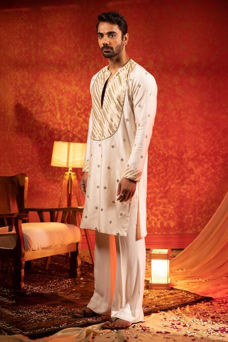 Buy Kaaj Button Ivory Silk Woven Stripe Kurta Set Online at Aza Fashions Buy_Kaaj Button_Ivory Silk Woven Stripe Kurta Set _Online_at_Aza_Fashions