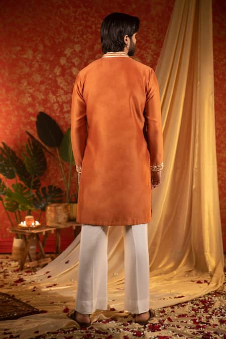Shop Kaaj Button Orange Chanderi Silk Embroidery Mirror Rajwadi Work Kurta Set at Aza Fashions Shop_Kaaj Button_Orange Chanderi Silk Embroidery Mirror Rajwadi Work Kurta Set _at_Aza_Fashions