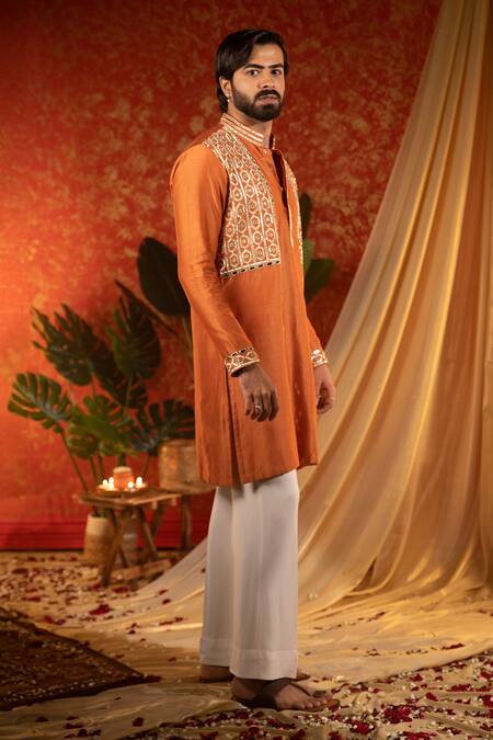Kaaj Button Orange Chanderi Silk Embroidery Mirror Rajwadi Work Kurta Set Online at Aza Fashions Kaaj Button_Orange Chanderi Silk Embroidery Mirror Rajwadi Work Kurta Set _Online_at_Aza_Fashions