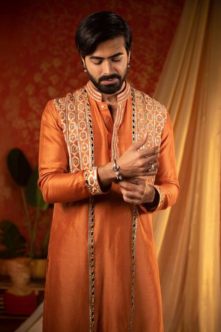 Shop Kaaj Button Orange Chanderi Silk Embroidery Mirror Rajwadi Work Kurta Set Online at Aza Fashions Shop_Kaaj Button_Orange Chanderi Silk Embroidery Mirror Rajwadi Work Kurta Set _Online_at_Aza_Fashions