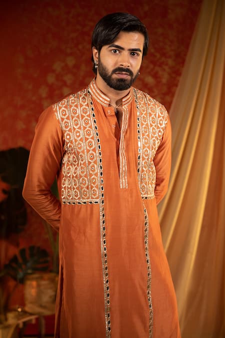 Kaaj Button Orange Chanderi Silk Embroidery Mirror Rajwadi Work Kurta Set at Aza Fashions Kaaj Button_Orange Chanderi Silk Embroidery Mirror Rajwadi Work Kurta Set _at_Aza_Fashions