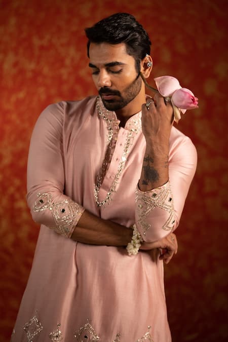 Kaaj Button_Pink Chanderi Silk Embroidery Mirror Kite Kurta Set _Online_at_Aza_Fashions