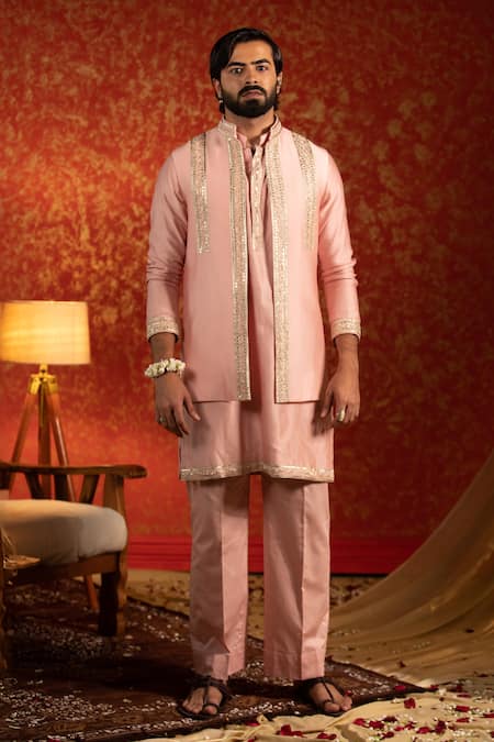 Kaaj Button Pink Chanderi Silk Embroidery Mirror Race Track Bundi And Kurta Set 