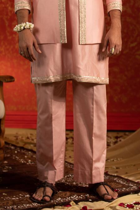 Kaaj Button_Pink Chanderi Silk Embroidery Mirror Race Track Bundi And Kurta Set _Online_at_Aza_Fashions