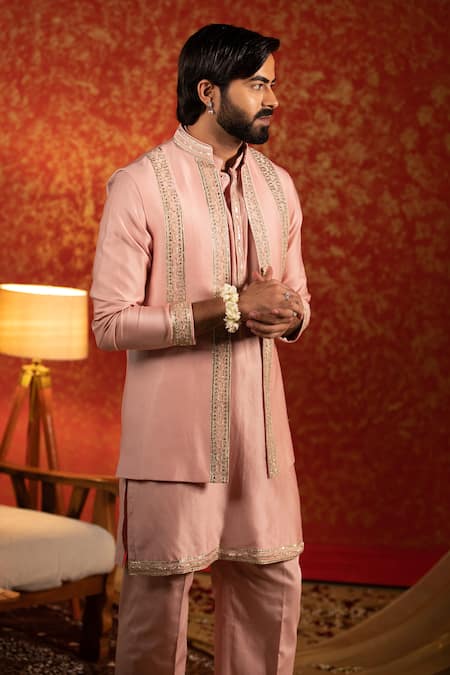 Shop_Kaaj Button_Pink Chanderi Silk Embroidery Mirror Race Track Bundi And Kurta Set _Online_at_Aza_Fashions
