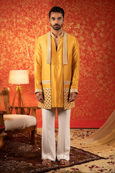 Kaaj Button Yellow Russian Silk Embroidery Mirror Work Bundi And Kurta Set 