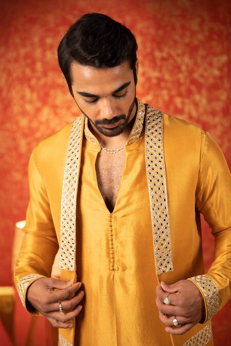 Buy_Kaaj Button_Yellow Russian Silk Embroidery Mirror Work Bundi And Kurta Set _Online_at_Aza_Fashions