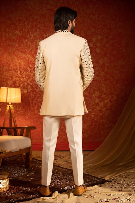 Kaaj Button Beige Mirror Work Bandhgala Set For Kids