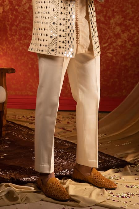 Kaaj Button_Beige Raw Silk Embroidery Mirror Work Bandhgala Set For Kids_Online_at_Aza_Fashions