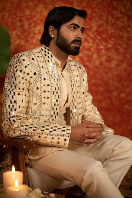 Buy_Kaaj Button_Beige Raw Silk Embroidery Mirror Work Bandhgala Set For Kids_Online_at_Aza_Fashions