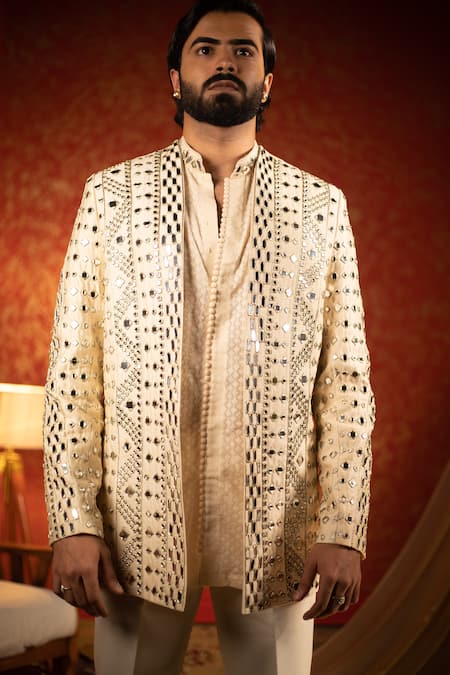 Shop_Kaaj Button_Beige Raw Silk Embroidery Mirror Work Bandhgala Set For Kids_Online_at_Aza_Fashions