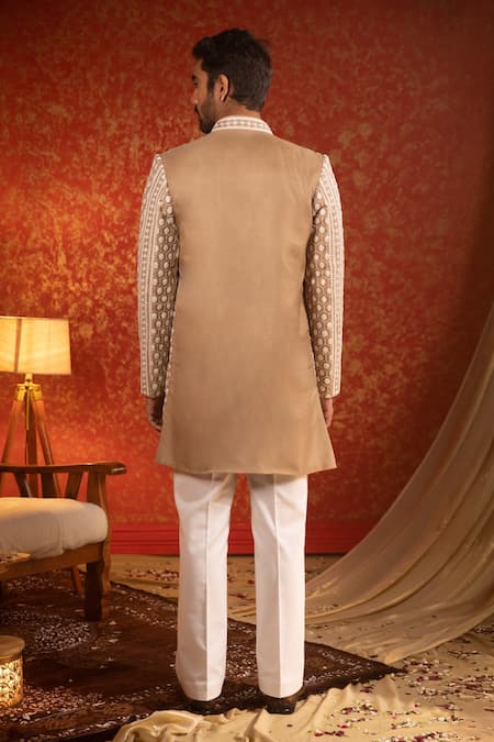 Kaaj Button Geometric Embroidered Sherwani Set For Kids