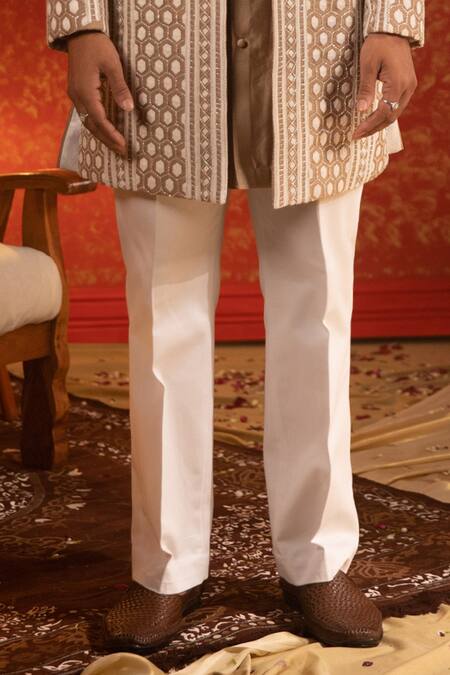 Kaaj Button Beige Chanderi Silk Embroidery Thread Geometric Sherwani Set For Kids Online at Aza Fashions Kaaj Button_Beige Chanderi Silk Embroidery Thread Geometric Sherwani Set For Kids_Online_at_Aza_Fashions